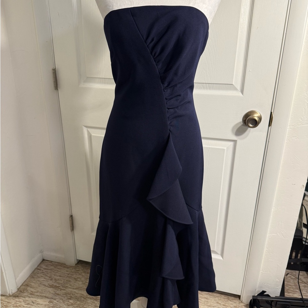 Shoshanna Strapless Navy Dress with Ruffle
